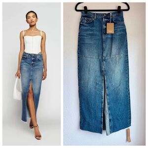 NWT Reformation Tazz Slit Maxi Denim Skirt in Hemlock Medium Wash Size 24